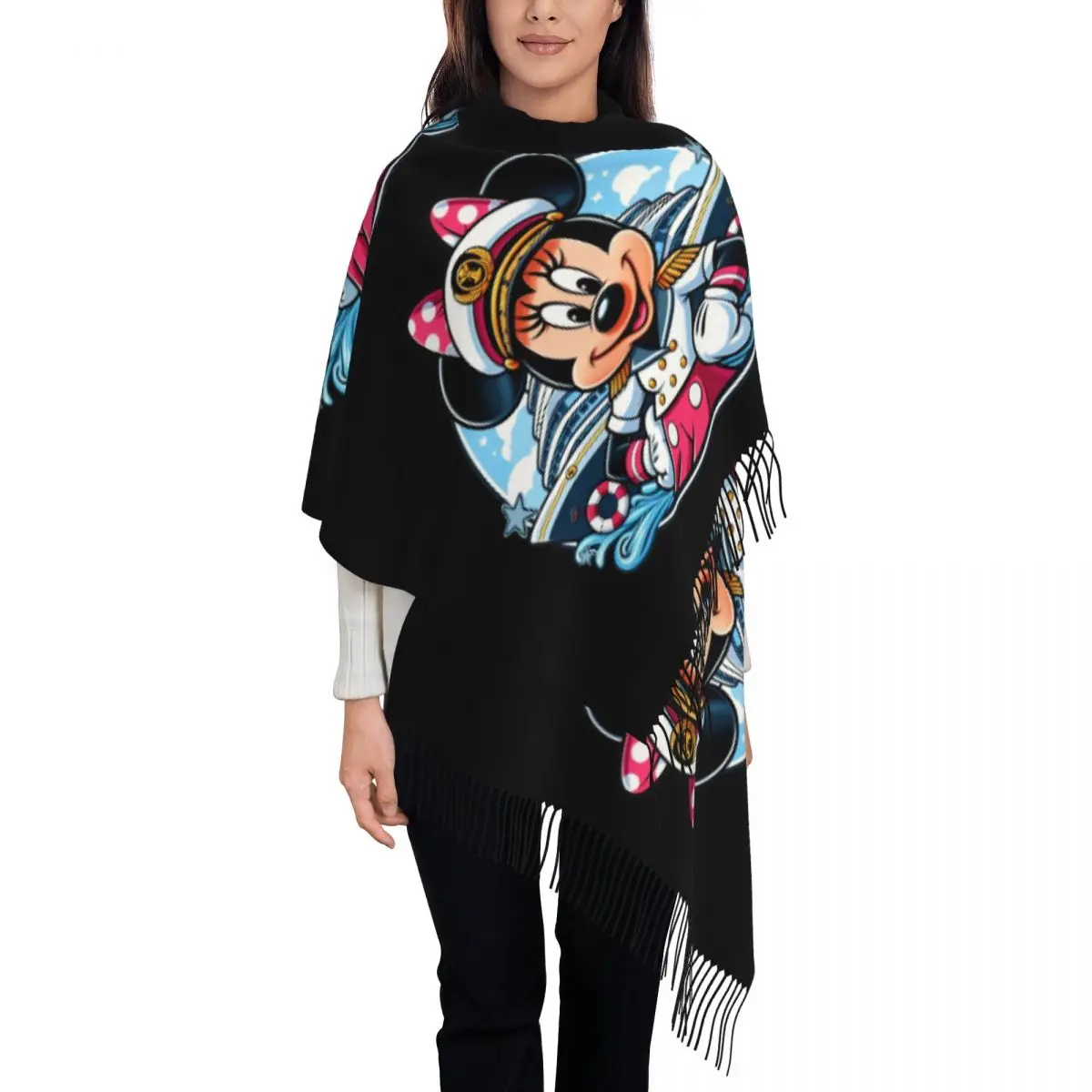 

Custom Ladies Large Mickey Mouse Ship Scarves Women Winter Thick Warm Tassel Shawl Wraps Scarf