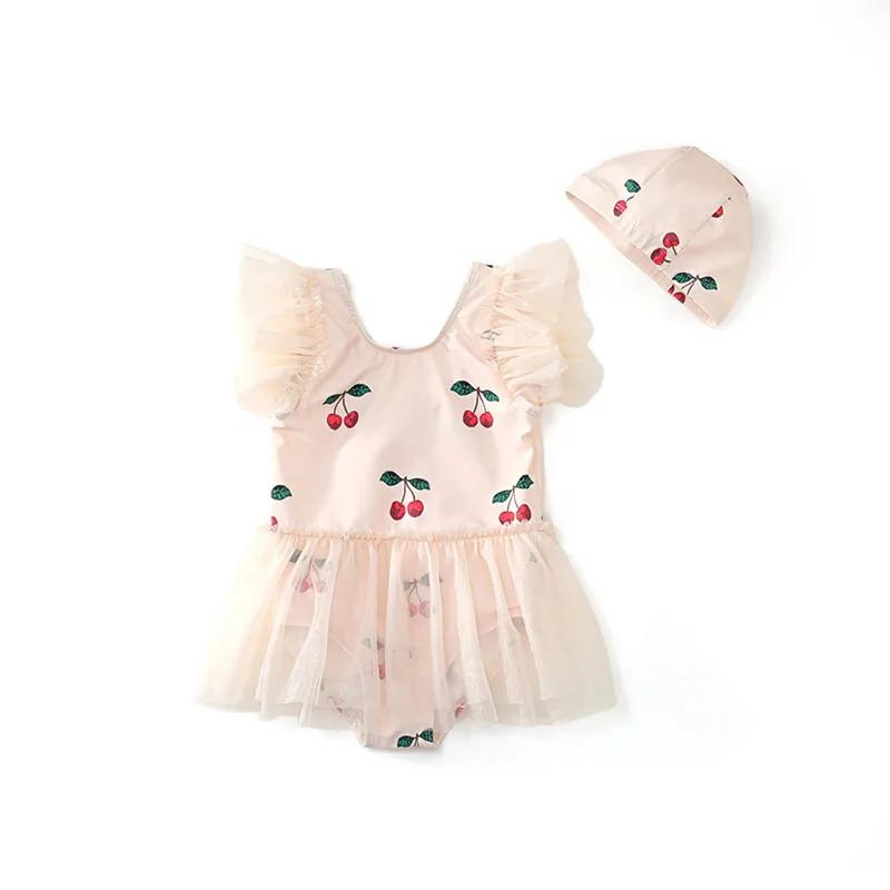 MILANCEL New Summer Kids Swimsuit 2-7T Cute Cherry Mesh Girls One Piece Swimsuit with Hat Children Swimwear