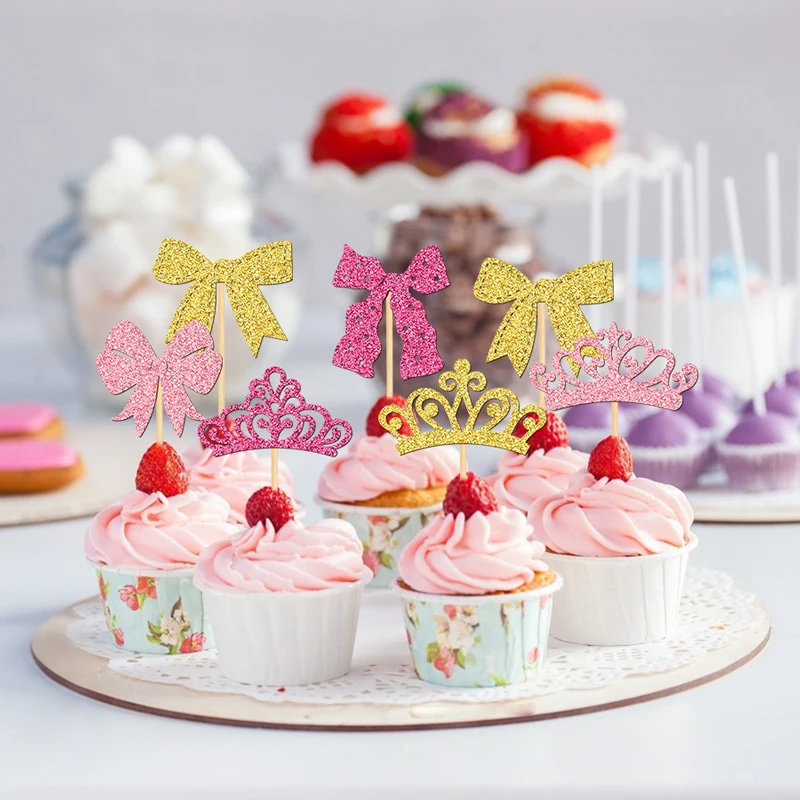YOMDID 24 Stück elegante Cupcake-Topper, Krone und Schleife, Kuchendekoration, Prinzessin Cupcake-Picks für Geburtstag, Hochzeit, Kuchendekorationen – Detail 10