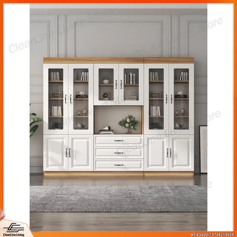 European Solid Wood Modern Simple Bookcase with Glass Door Living Room Home Office Study Storage Shelf Floor Standing Cabinet