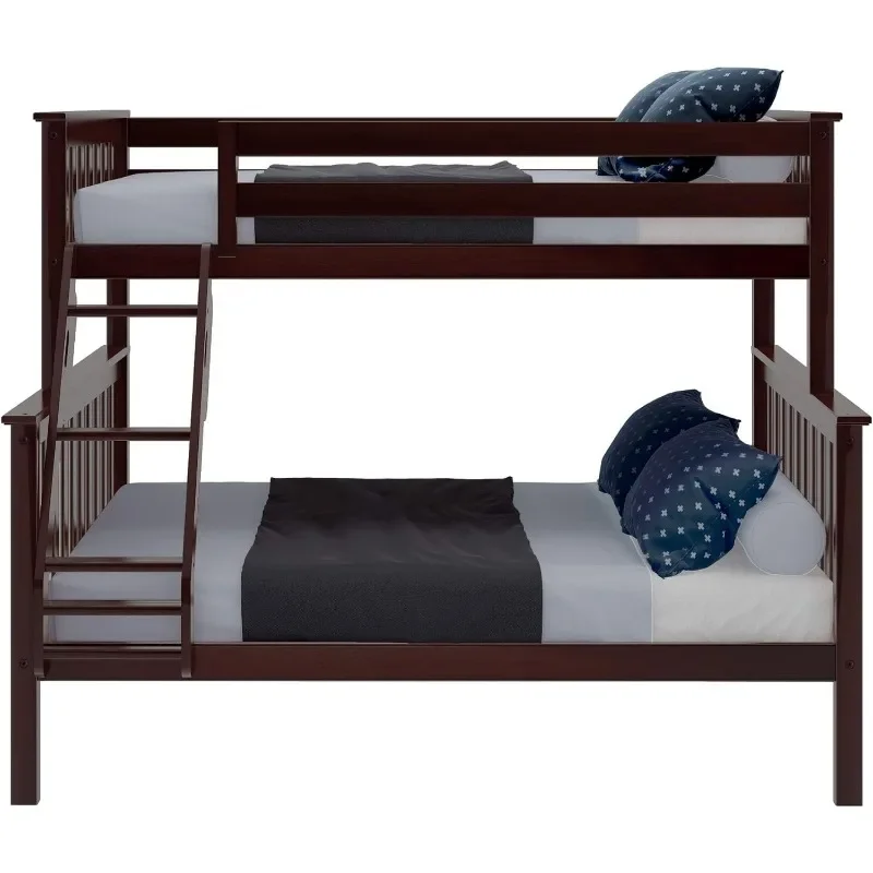 Bed Twin Over Full Size with Ladder, Solid Wood Platform Bed Frame with  for Kids,  Safety Guardrails