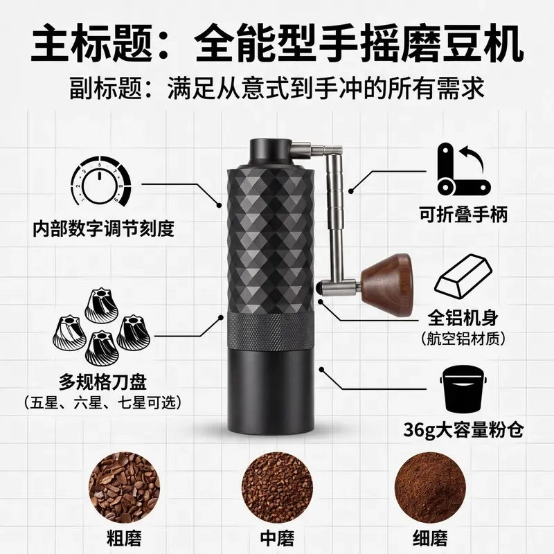 Portable Manual Coffee Grinder Hand Crank Bean Mill Stainless Steel Core Adjustable Thickness Compact Design for Home Outdoor