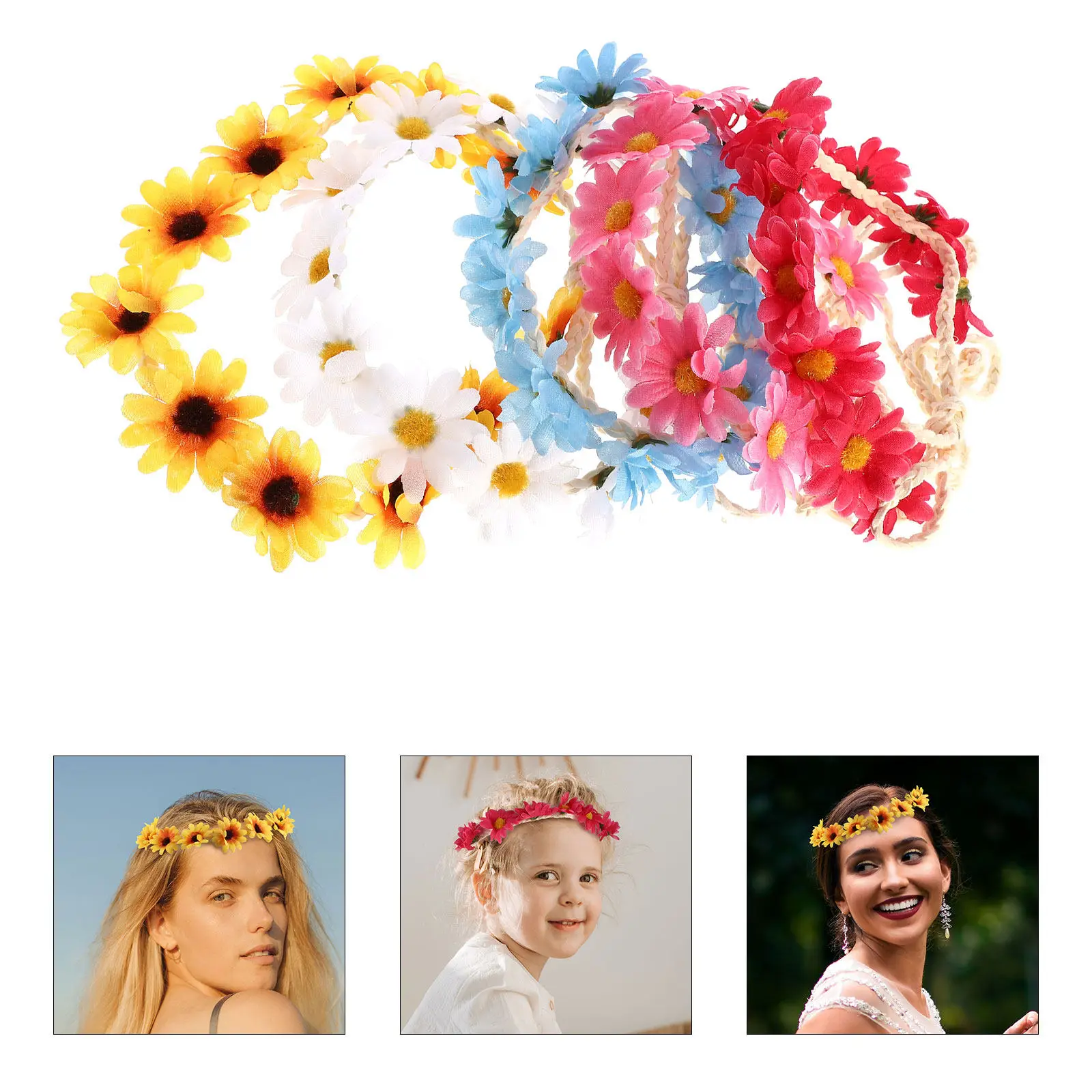 

5pcs Flower Headband Floral Garland Hair Band Adjustable Imitation Flower Hairband For Women Bride Wedding Cosplay Headdress