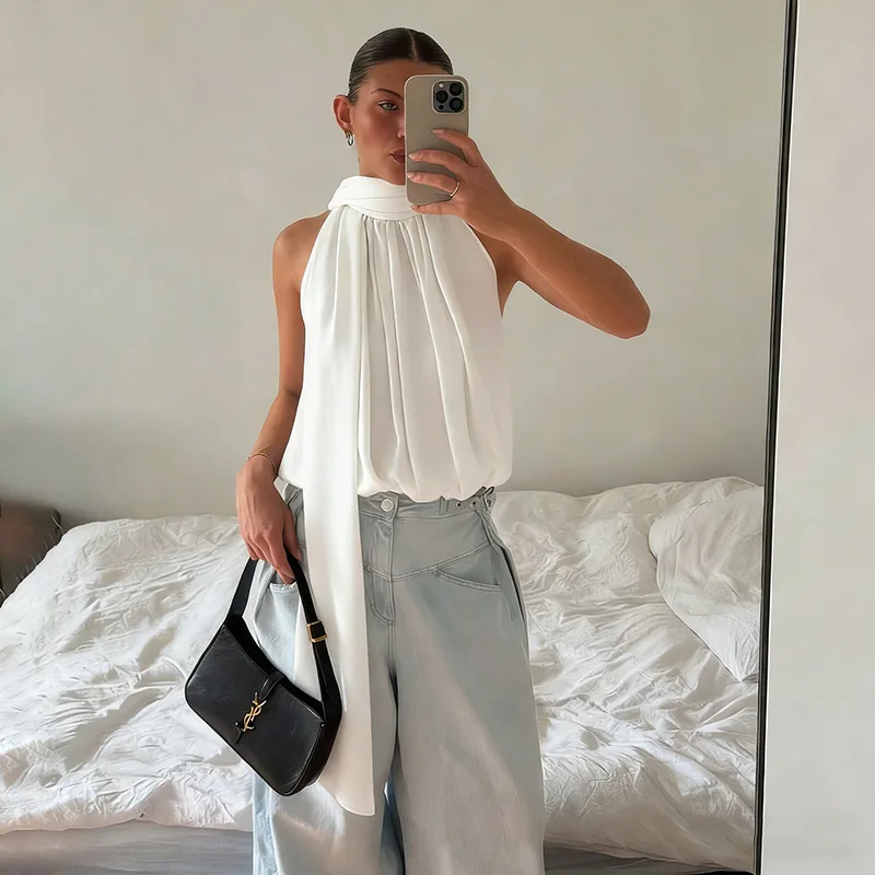 Women Fashion See Through Chiffon Bud Tops Scarf Ribbon Turtleneck Sleeveless Casual Vacation Beach Blouses Casual Streetwear