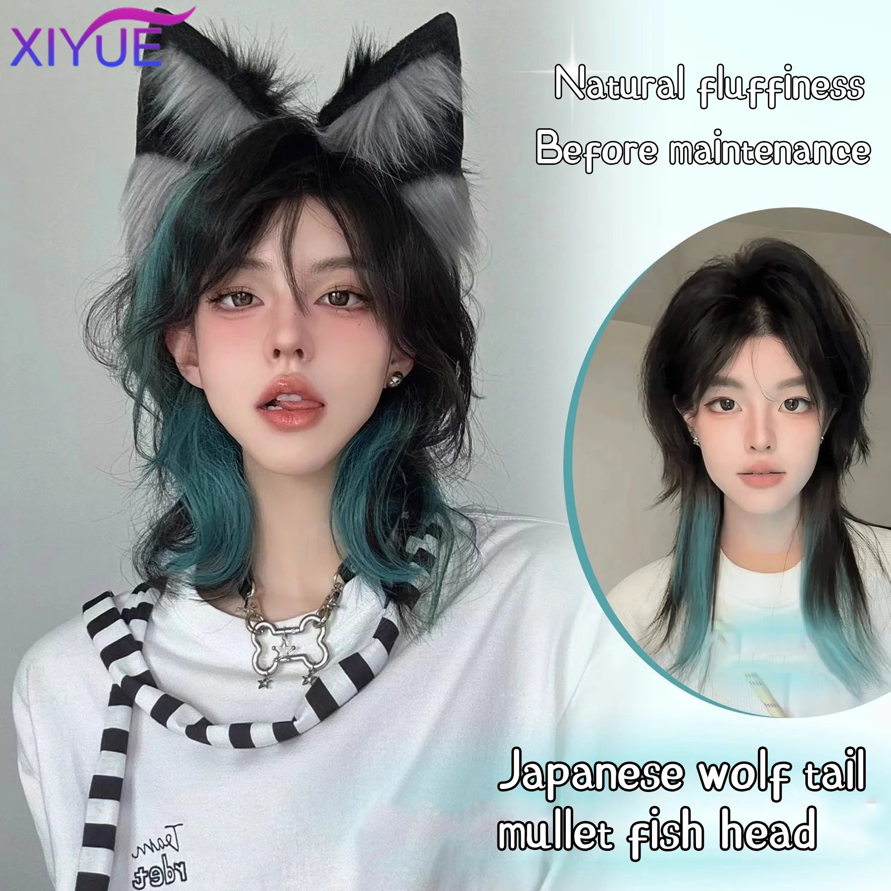 XY Mullet Head Wig Short Synthetic Straight Black green Fluffy Natural Wolf Tail Hair Men and Women Wig for Daily Party Cosplay