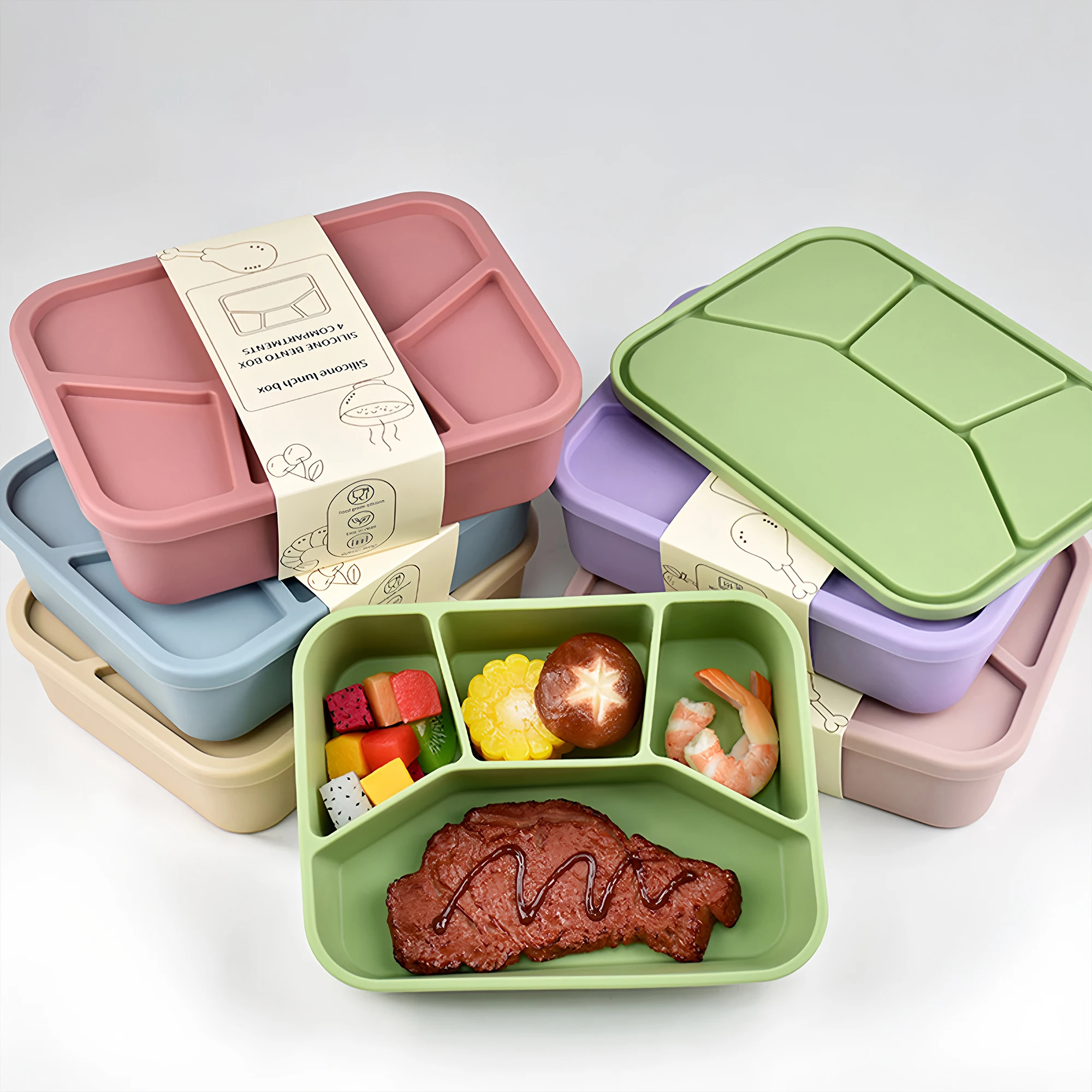 Silikon-Bento-Box, vier Fächer, wiederverwendbare Silikon-Lunchbox, verdickt und auslaufsicher, lebensmittelecht, unterteilter Lunchbehälter für unterwegs. – Detail 3
