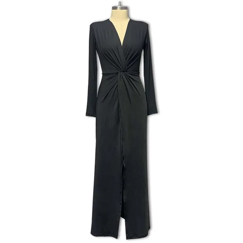 Sexy Deep V-neck Pleated Design Sense High Split Dress Women 2025 Cross-border Europe and The United States