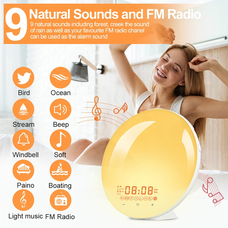 Sunrise Alarm Clock WiFi Smart Wake Up Light with 7 Colors Sunrise/Sunset Bedroom Workday Alarm Clock Tuya Alexa Google