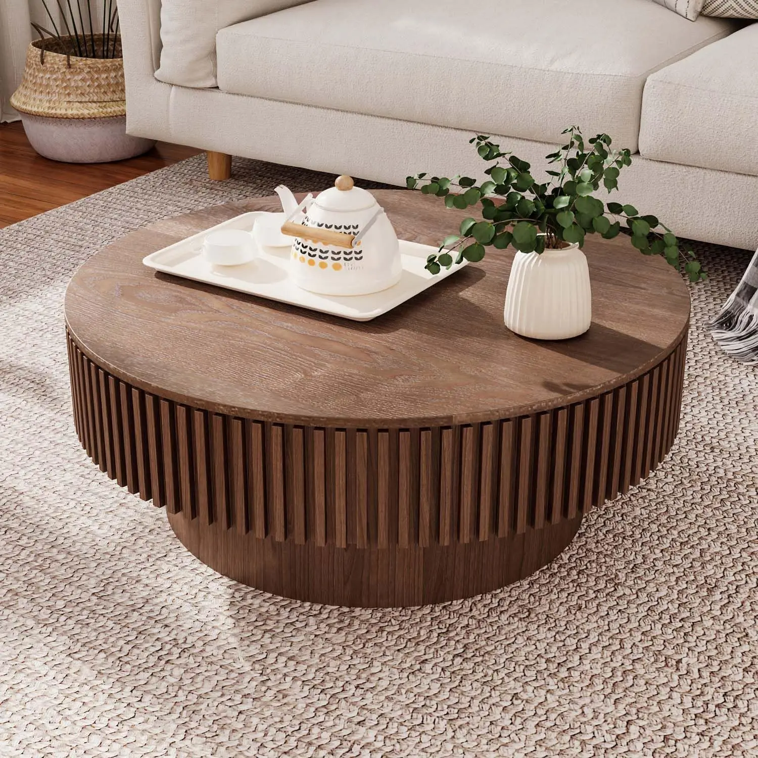 

Wood Veneered, Circle Center Table Accent Tea Table for Living Room Apartment Small Space (31.5''L × 31.5''W × 14''H, Walnut)