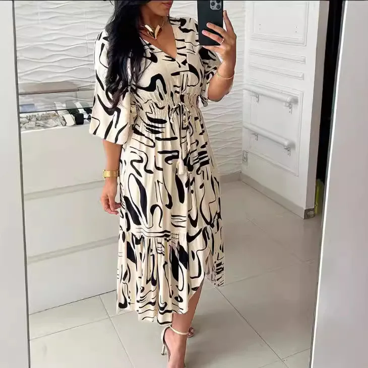 

Summer Vintage Maxi Dress Women Casual Short Sleeved Print Dress Elegant Loose V Neck High Waist Wide Hem Dresses Party Vestidos