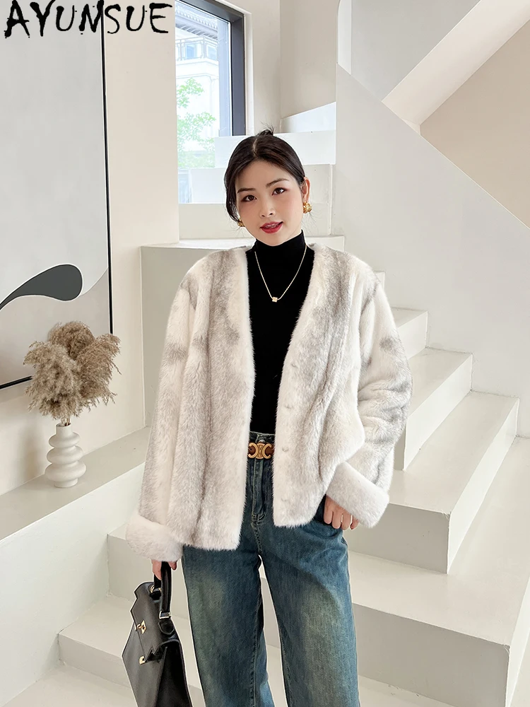 AYUNSUE 2025 Prawdziwe Futro z Norki Kurtki Damskie Całe Futro z Norki Dekolt w Serek Zimowa Kurtka Damska Luksusowa Kurtka Futrzana Abrigo Mujer