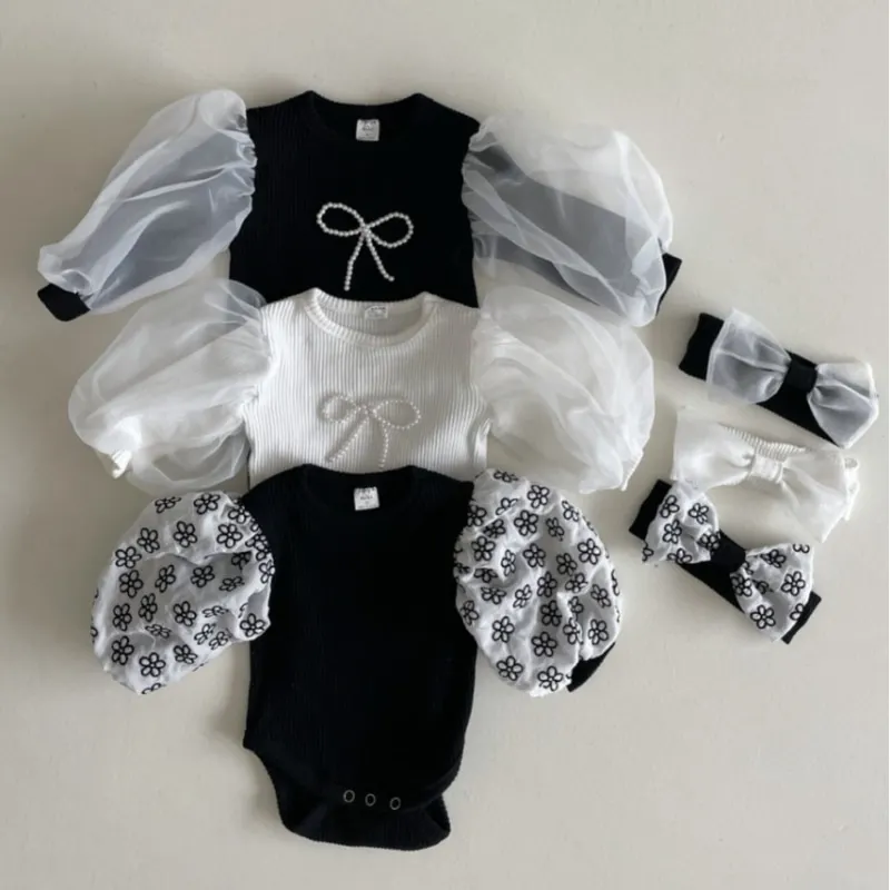 

Newborn Baby Girl Bow Cotton Princess Romper Infant Toddler Child Long Puff Sleeve Jumpsuit Floral Pullover Baby Clothes 3-18M