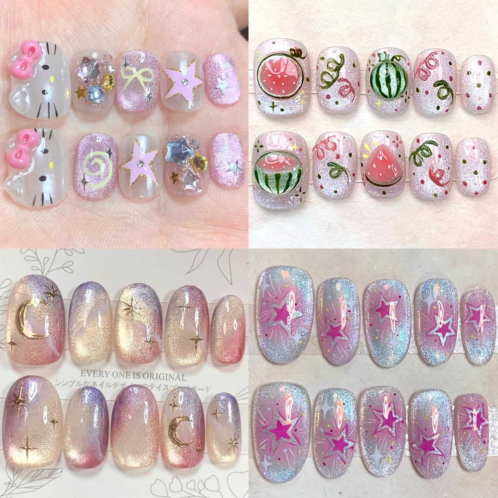 

Kawaii Short Square Round Handmade Wearable Press On Fake Nail Sweet Hello Kitty Cat Eyes Watermelon Diamond Full Cover Nail