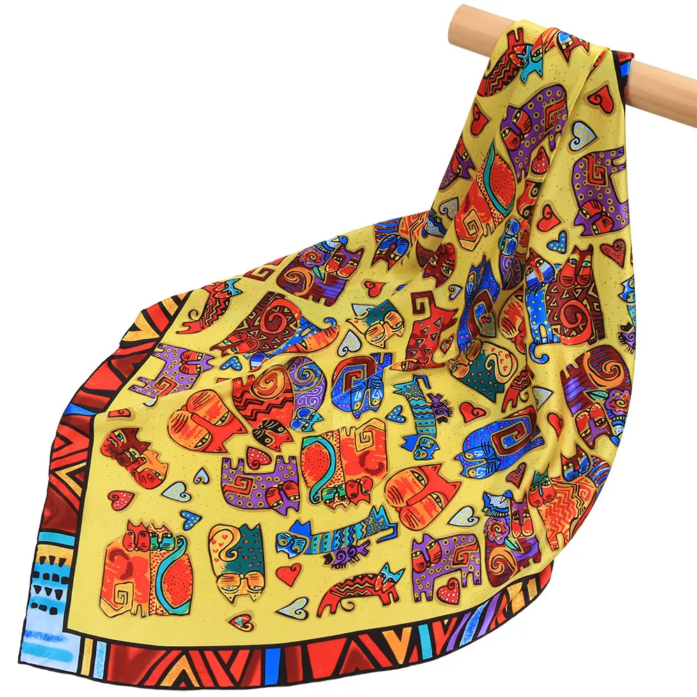 

Pure Silk Scarf Women Female Hair Scarf Cat Print Big Handkerchief Luxury Natural Silk Square Headband Animal Hijab for Women