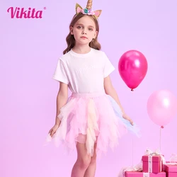 VIKITA Girls Layered Tulle Mesh Princess Mini Skirts Kids Colorful Rainbow Birthday Party Performance Casual Irregular Skirt