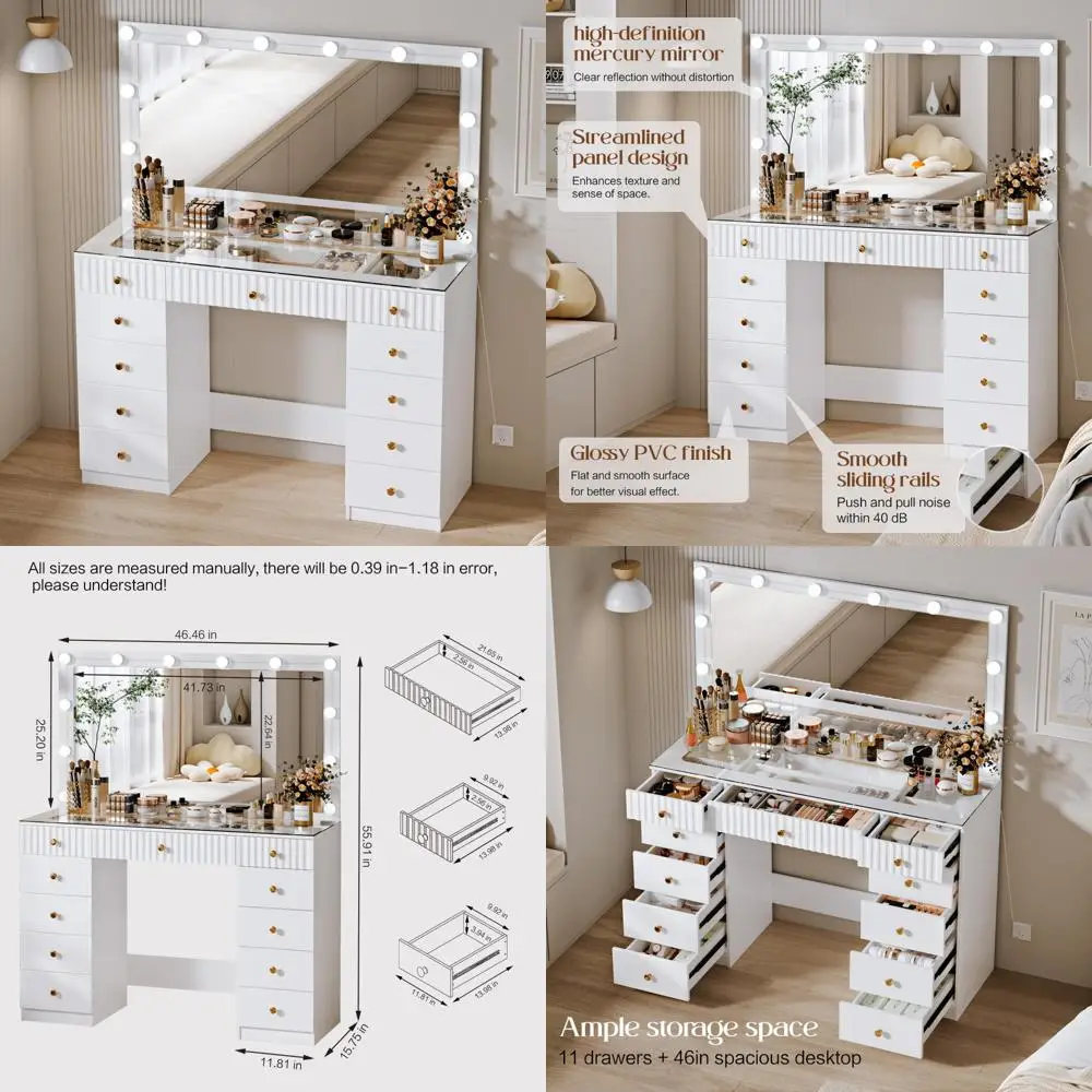 

Illuminated Makeup Vanity Desk with 46 HD Mirror and 12 LED Lights, Modern Dressing Table with 11 Mirror