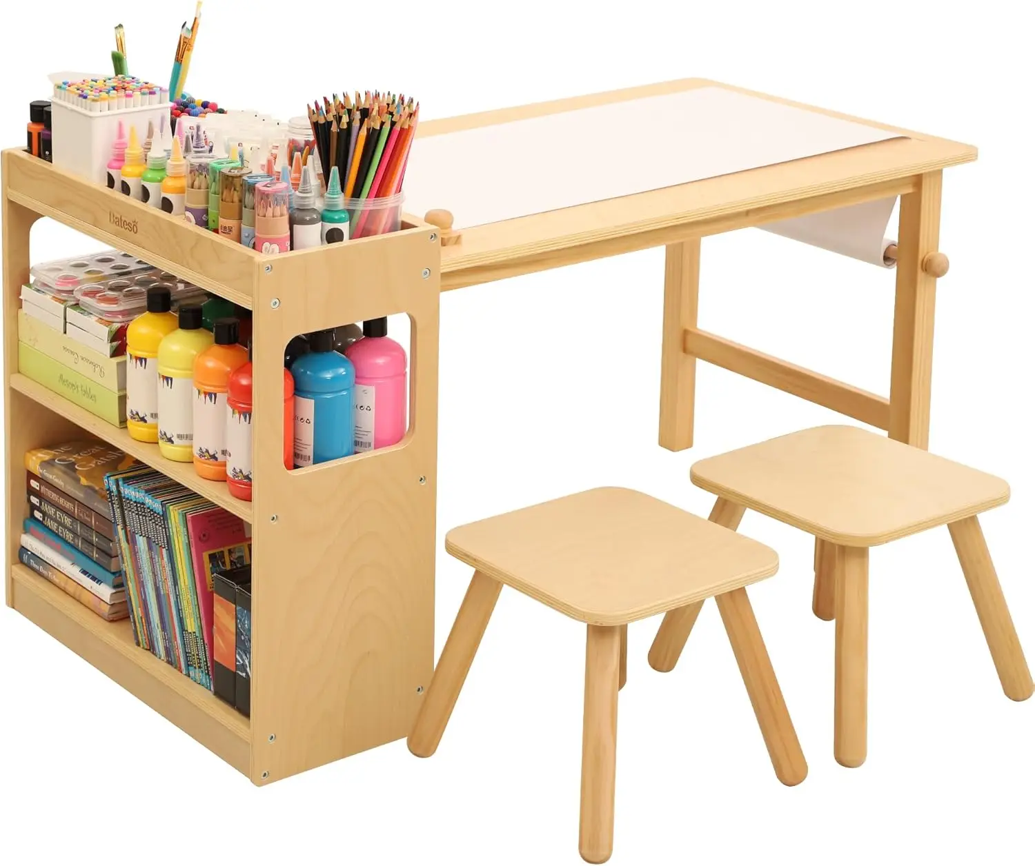 Mesa infantil de arte e 2 cadeiras com rolo de papel, mesa artesanal com grandes prateleiras de armazenamento, mesa de desenho, mesa de atividades infantis e estudo