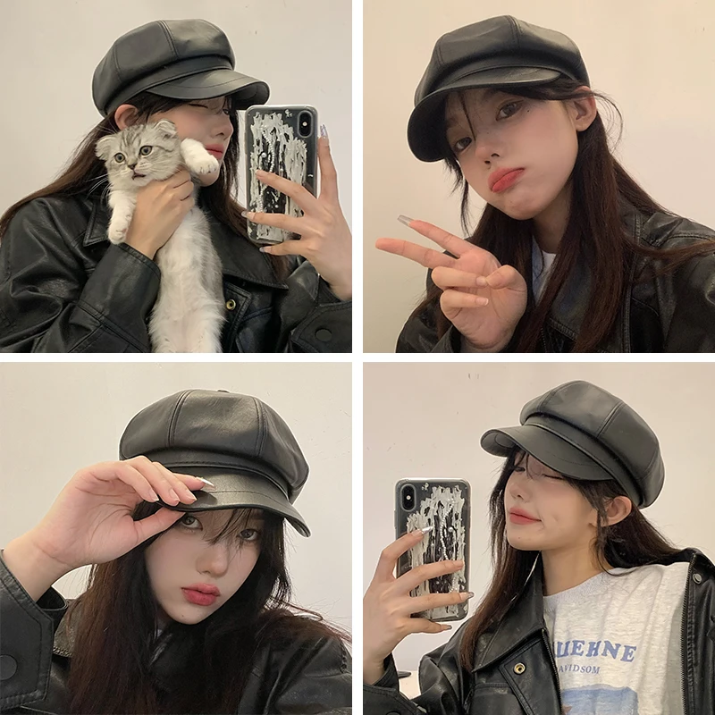 Fashion Leather Cap Quality Artist PU Leather Female Korean Octagonal Cap Spring Winter Casual Beret Women Flat Hat