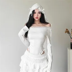 Fashion Sexy Off Shoulder Lace White Bodysuit Y2k Hooded Long Sleeved T-shirt for Women 2024 Summer New Slim Fit Tops Mujer