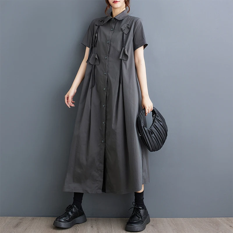 Summer Loose Large Size Patchwork Casual Commute ort Sve irt Dr Korean Sle A-Line Skirt  Knot Single Button