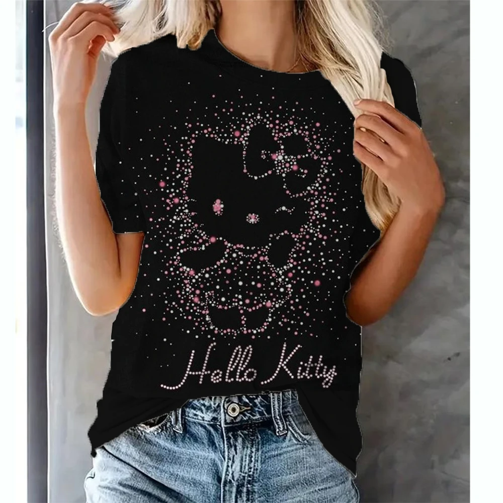 Hello Kitty Print Cute Shirt O-neck Top Kody Kitty Fashion Casual Women's Loose T-shirt 2024 New Discount Top Short Sleeve