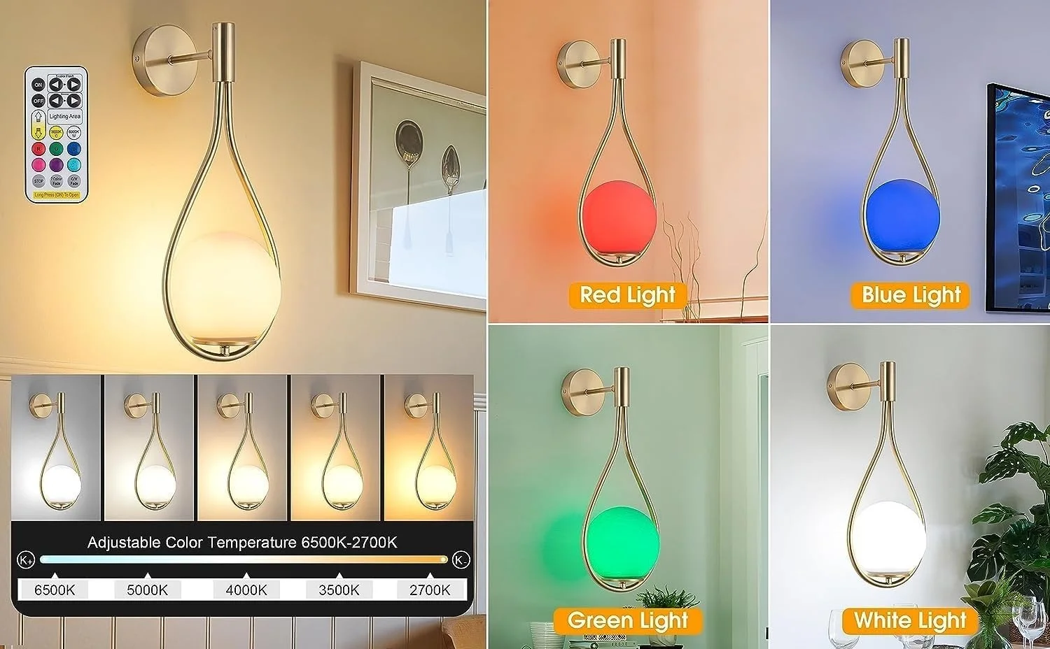 Battery powered wall lamp, wireless rechargeable wall lamp with remote control function, 9-color dimmable LED lamp for bedroom