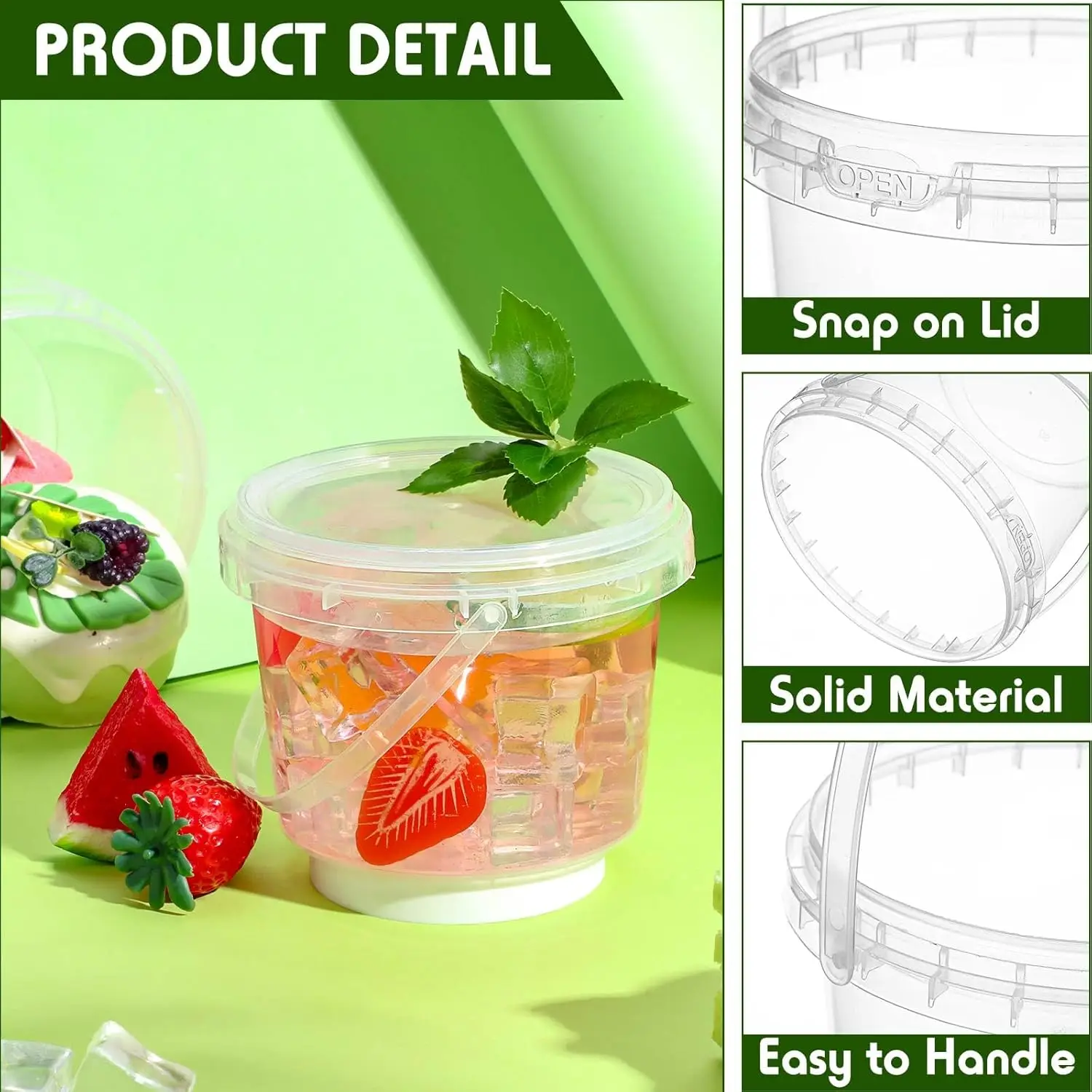 50 Pcs Food Clear Bucket Plastic Gallon Bucket Round Reusable Ice Cream Containers with Lids and Handles Airtight Clear Plastic 