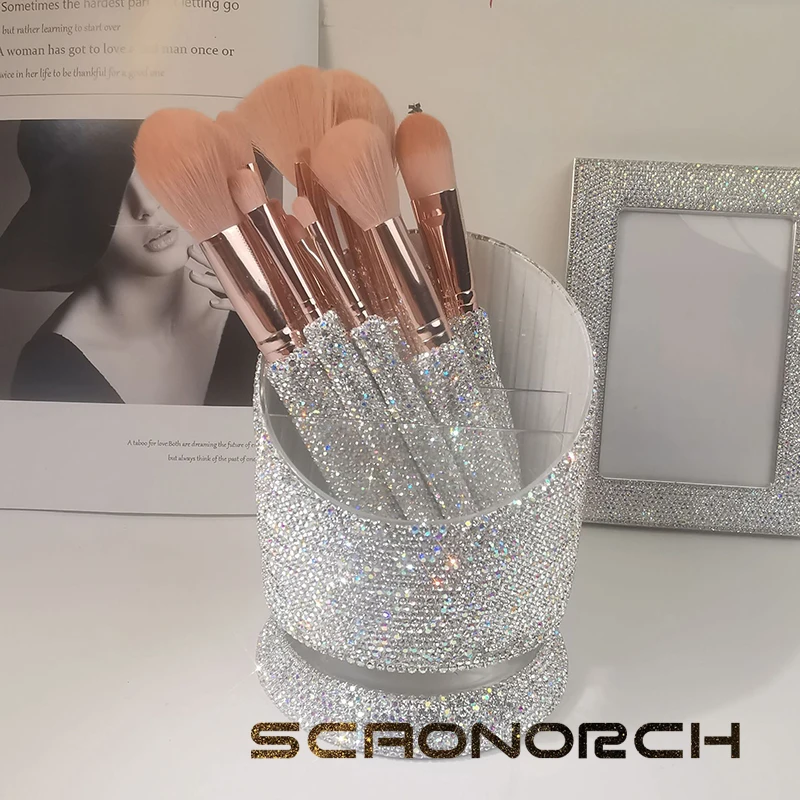 Luxury Rotary Rhinestone Makeup Organizers Sparkling Pencil Pen Holder Cosmetic Storage Tool Cosmetic Brush Storage Box 3 Slots