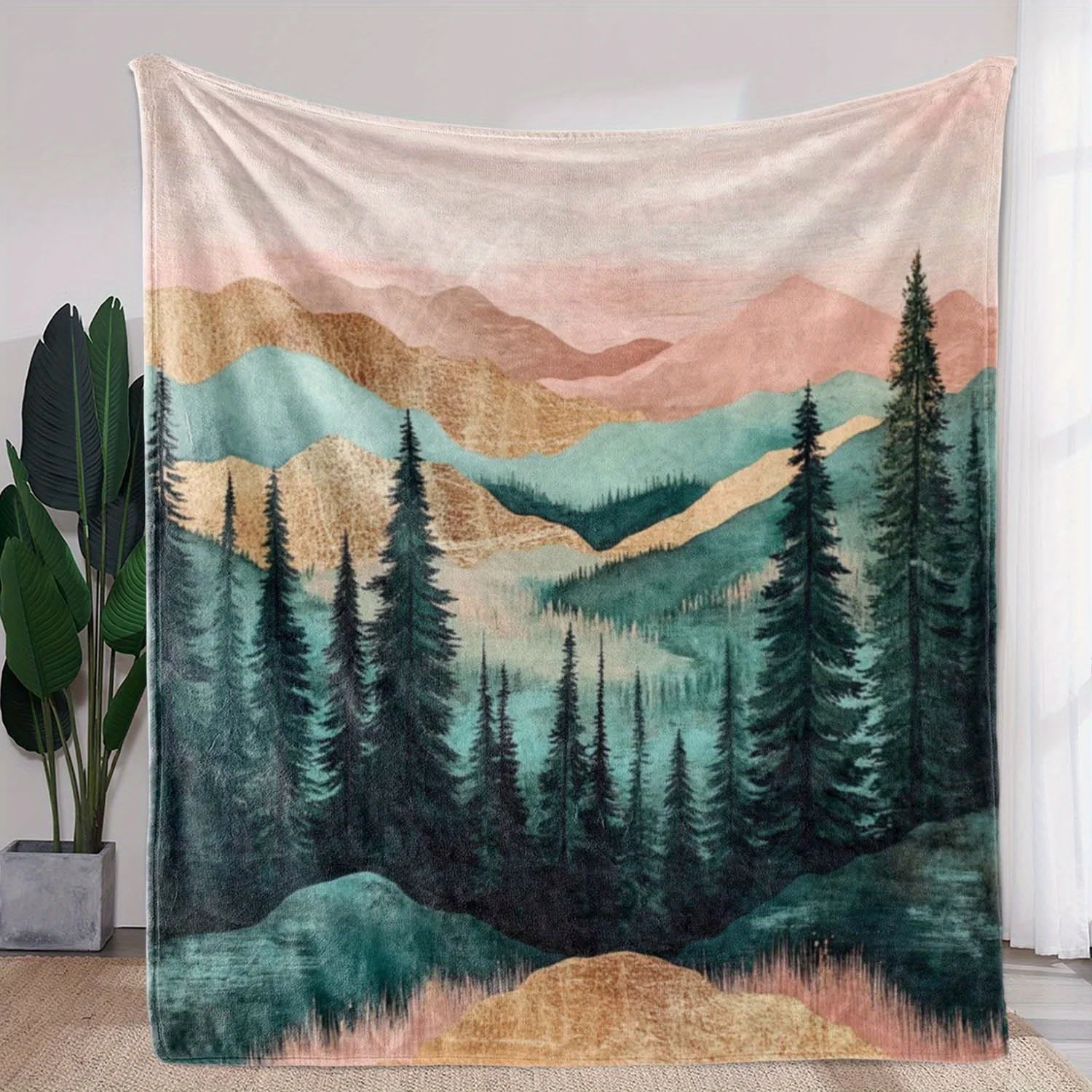 

Одеяло из 1 шт., художественное креативное одеяло с принтом Distant Mountain и Pine Forest, теплое, удобное и мягкое одеяло, подходит для