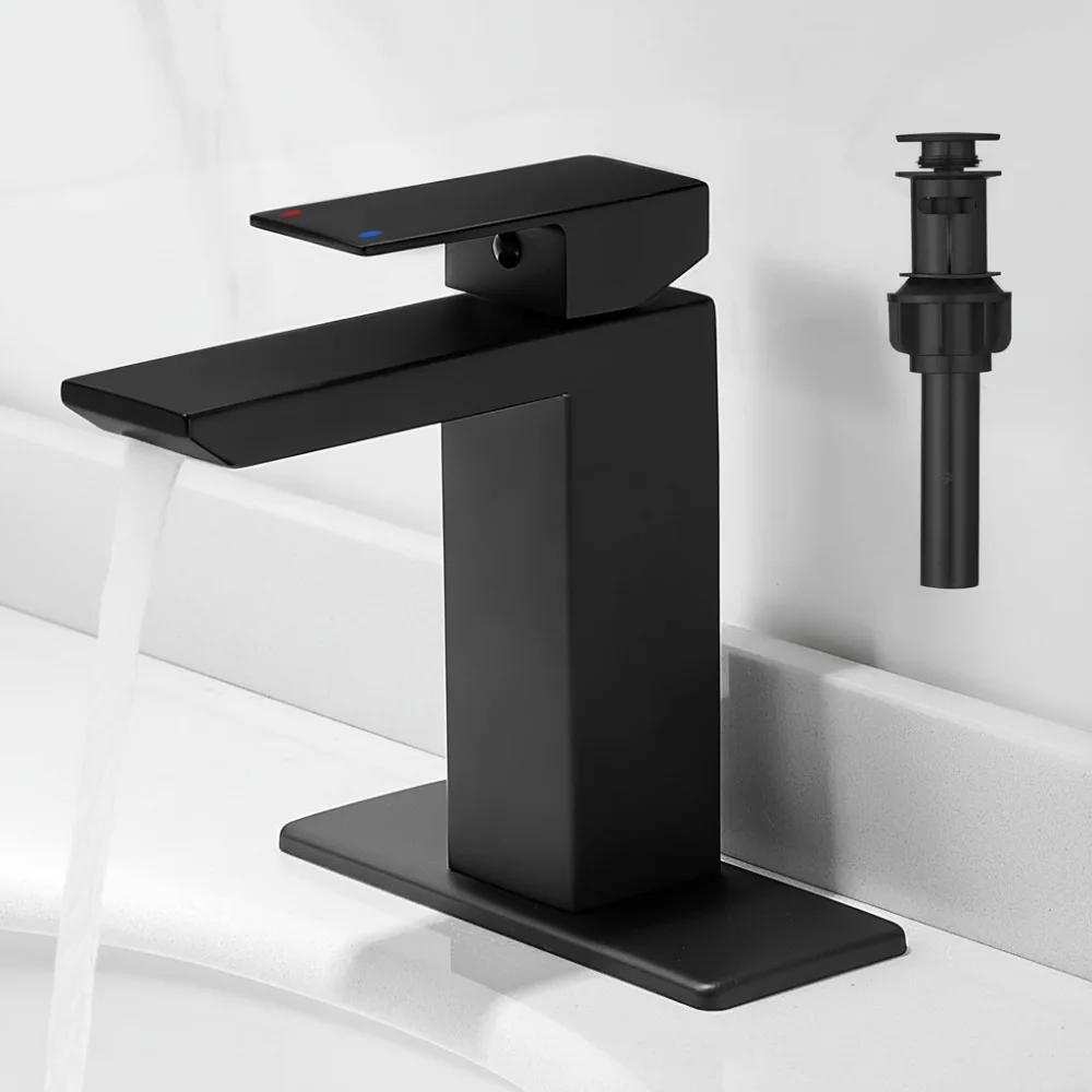 

Matte Black Bathroom Faucet Set with Pop Up Drain Single Handle Waterfall Spout Vanity Kit Stainless Steel