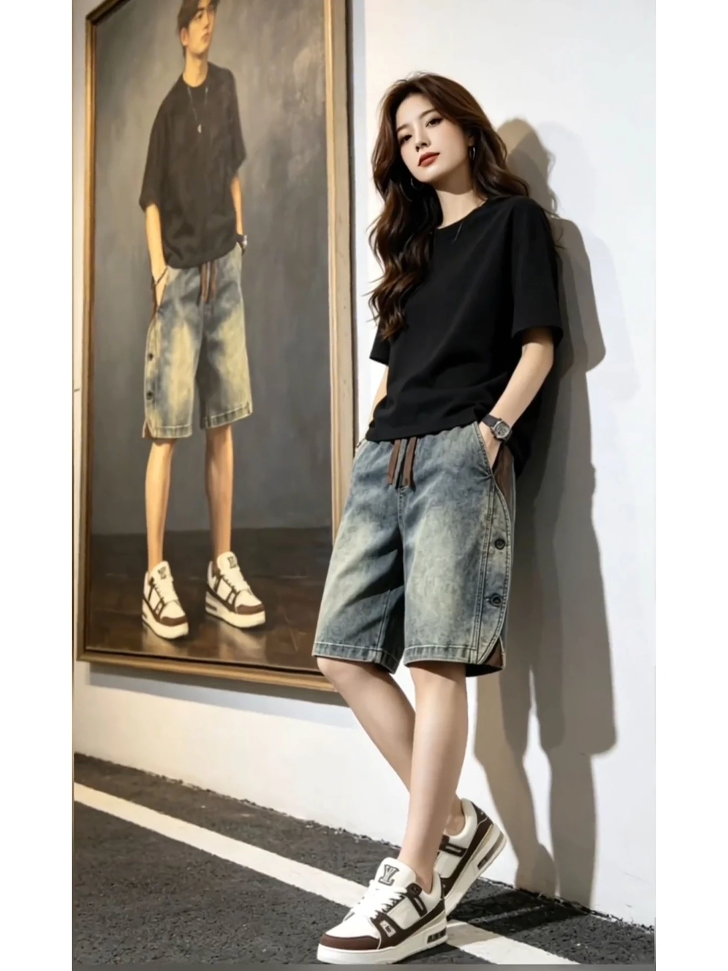 Men's Denim Shorts Summer Washed Design Workwear  Trousers Trendy Brand Button Straight Leg Five-Quarter Pants