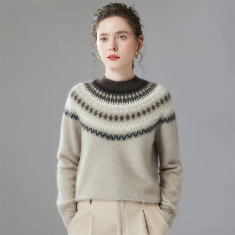 35% kasjmier Fair Isle trui, verdikte damestrui met ronde hals, havermout/rood