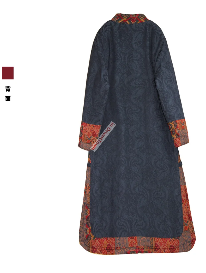 Autumn Winter Vintage Retro Color Blocking Robe Overcoat Patchwork Jacquard Cotton Creative Split Thick Deep Blue Long Coat