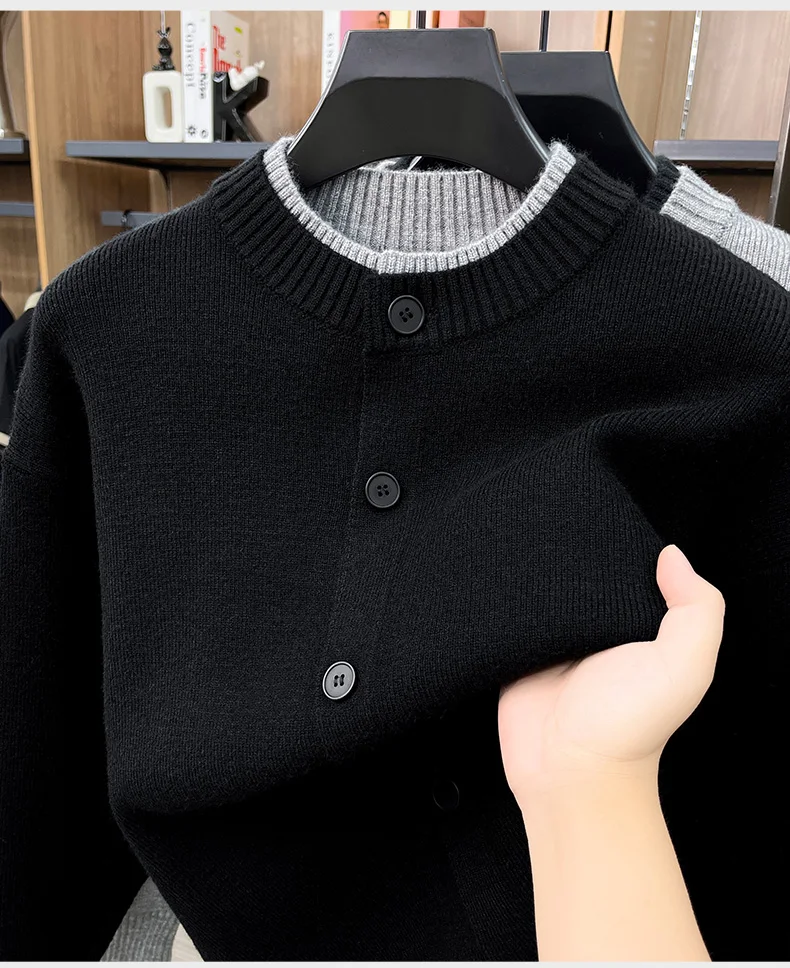 Hochwertige Strickjacke Männer Persönlichkeit Doppelschicht Rundhalskragen Neue Mode Weich Komfort Warm Herbst Winter Pullover Mantel – Detail 7