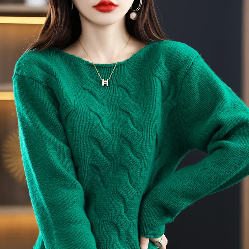 

Женский свитер из 100% чистой шерсти, вязаный, с круглым вырезом, со спущенным плечом, осенне-зимний, с закрученным краем, универсальный, с узором косы, пуловер