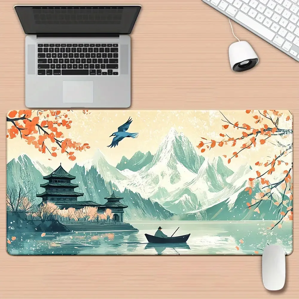 

Коврик для стола XL с изображением японской пагоды и горного пейзажа, резиновый игровой коврик для мыши, декоративный коврик для офиса с изображением спокойной природы