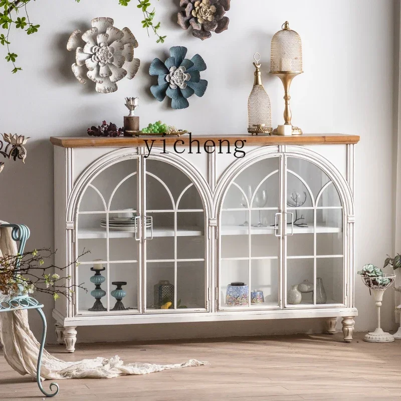 ZZ خزانة جانبية B & B غرفة المعيشة خزانة عرض بيضاء مدخل زجاجي من الحديد المطاوع #4