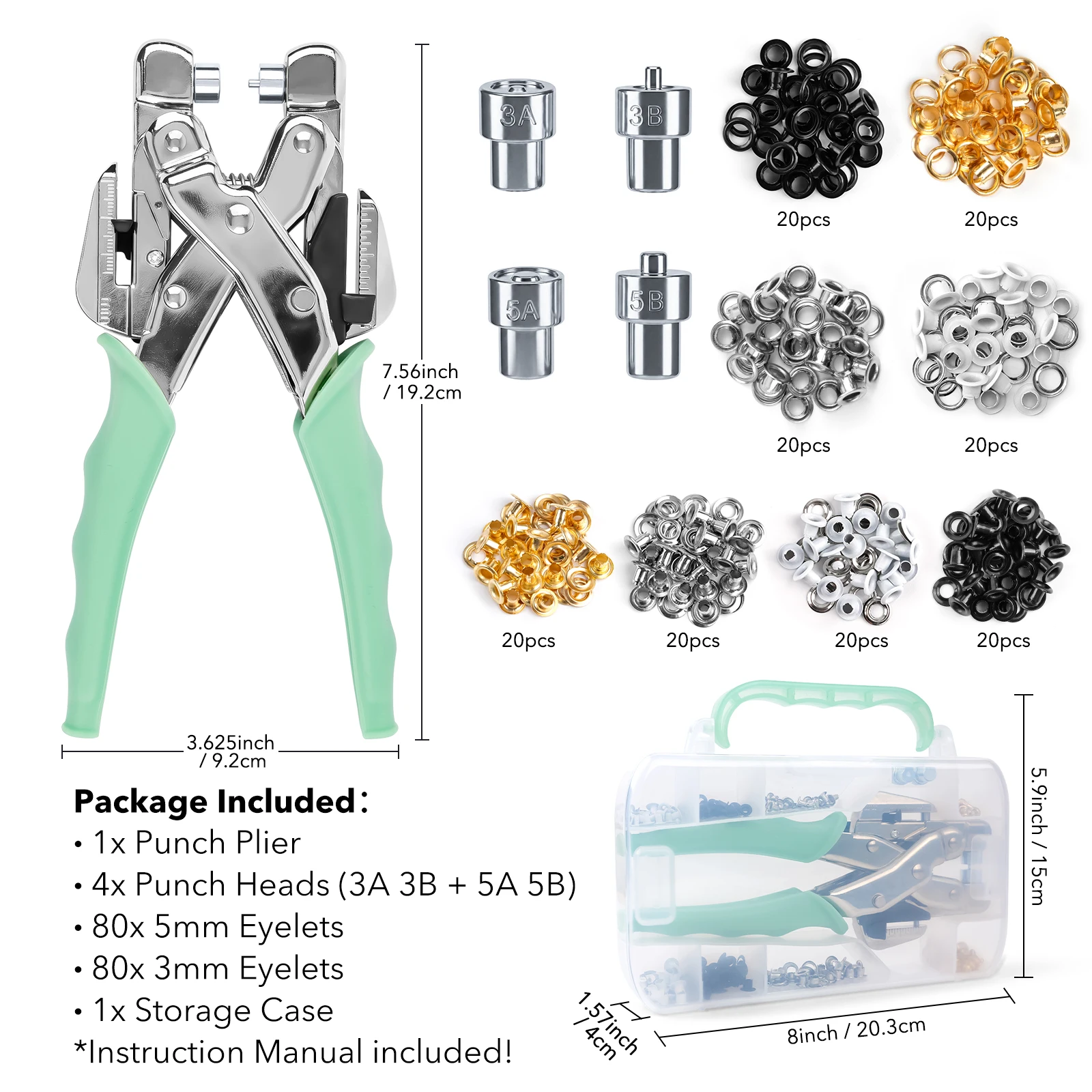 Hole Punch & Eyelet Setter 3/16 & 1/8 Grommet Plier Tool with Eyelets and Case Use on Cardstock Chipboard Fabric Leather Plastic