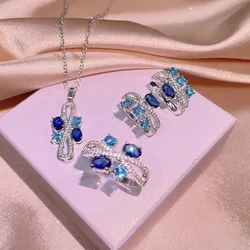 New small fragrance earrings micro-inlaid tanzanite temperament 925 sterling silver geometric three-piece jewelry party birthday
