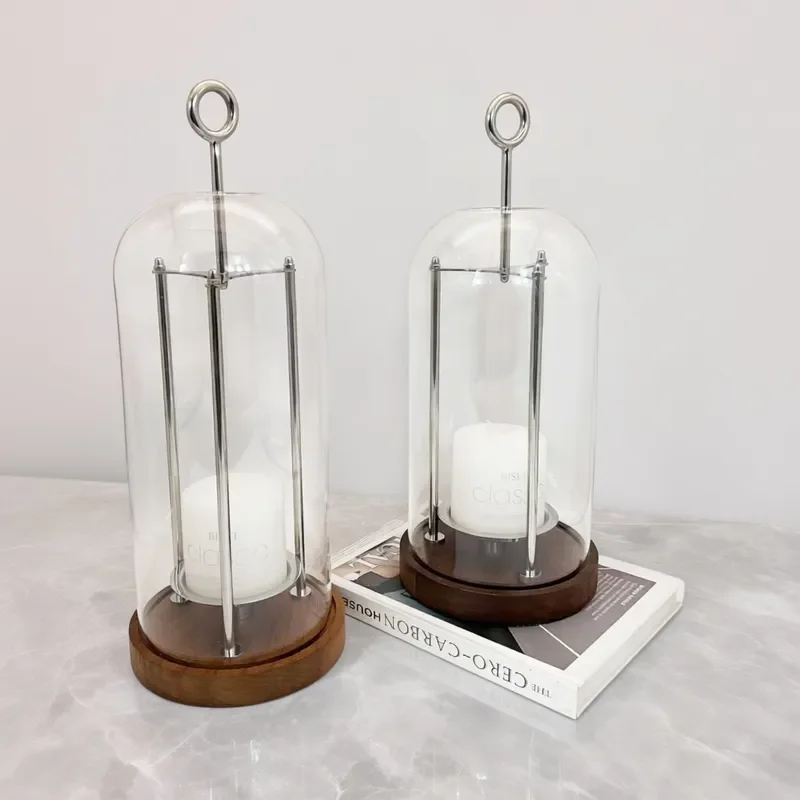 Modern Walnut Glass Candle Holder with Stainless Steel Bottle Opener Decorative Ornament for Living Room Dining Table Office