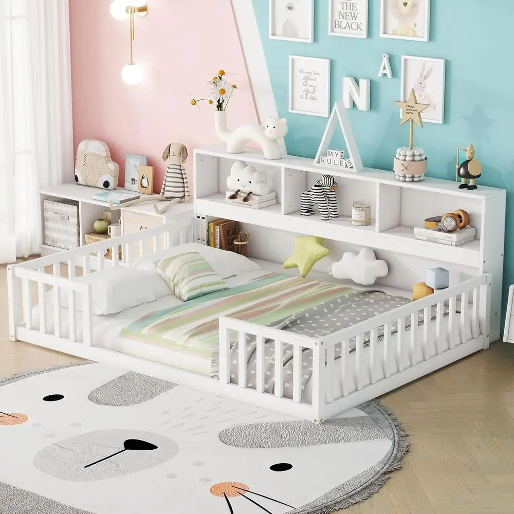 

Children's Loft Bed with Bookcase, Shelves, and Guardrails - Suitable for Girls and Boys, White