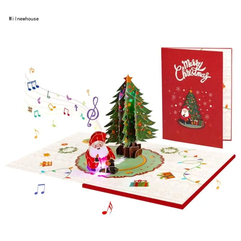 

Musical and LED Light Christmas Card Foldable 3D Popup Greeting Card with Envelope for Holiday Invitation Postcard Dropship