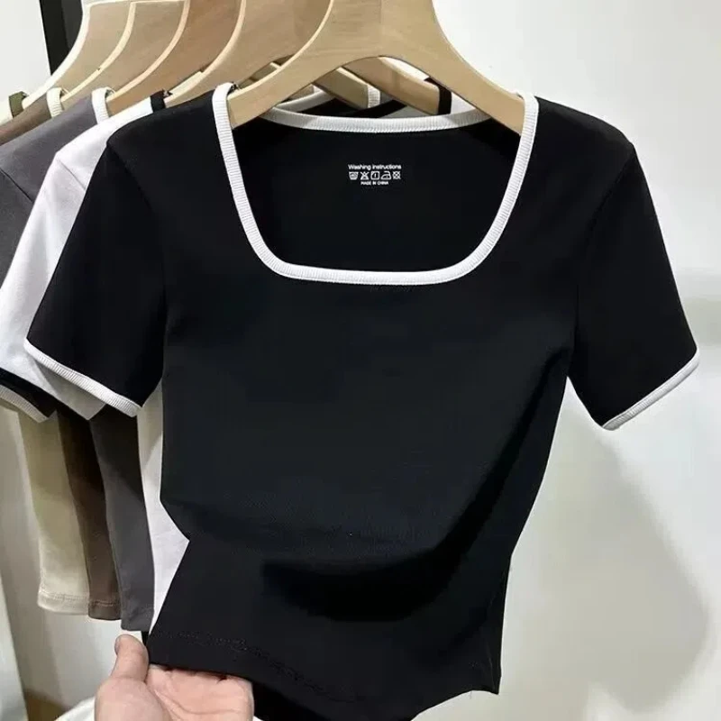 Simplicity Black Slim Short T Shirts Summer New Short Sleeve All-match Solid Color Casual Tops Tees Fashion Trend Odzież damska