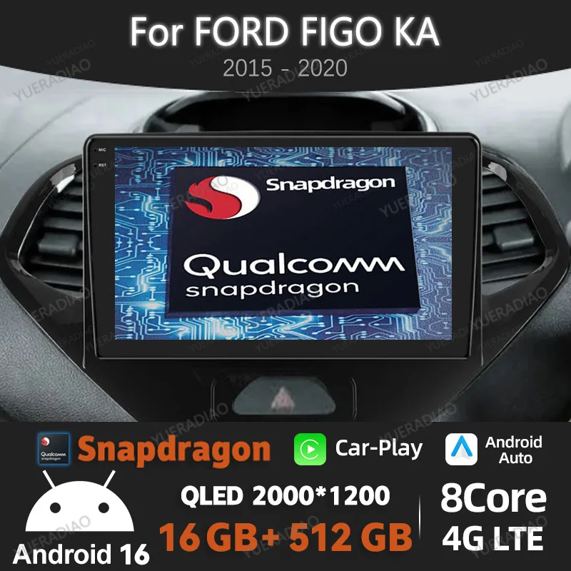 Radio para Auto Android 16 para Ford FIGO KA 2015-2020, BT, Qualcomm, GPS, NAVI, Unidad Principal, 4G LTE, 5G WIFI, 2DIN, QLED, Carplay, Video