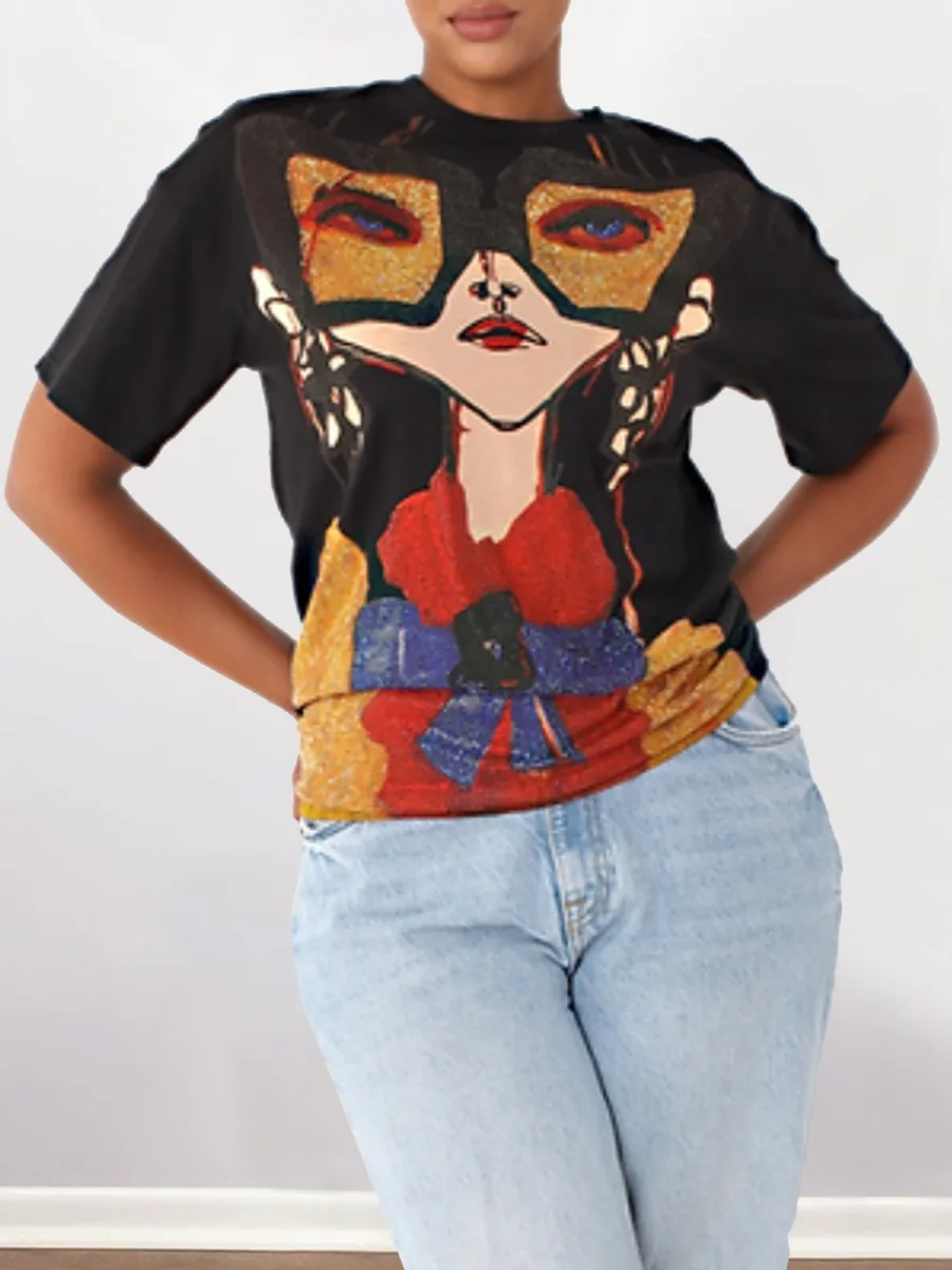 Camiseta de ajuste Regular con estampado de figura LW para mujer, Top Vintage de moda, Tops de lentejuelas con hombros caídos, camisetas de verano