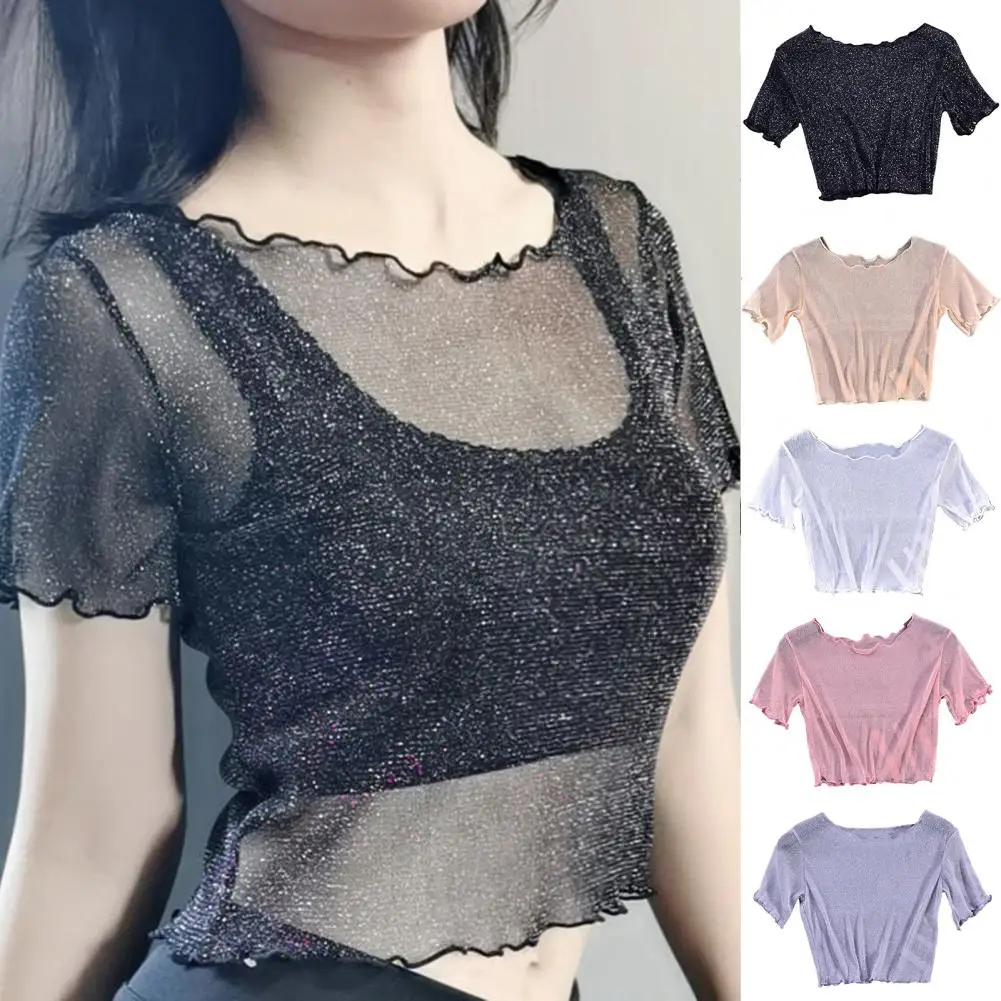 

Summer Lace Crop Tops Women Mesh T-Shirt Transparent Short Sleeve Tees Fashion Streetwear Solid Color Top Ladies Girls Clothes