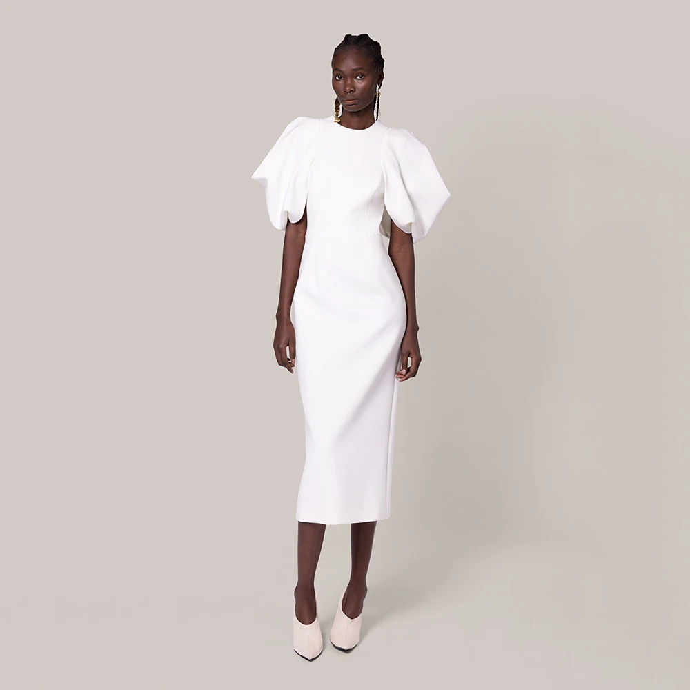 

Midi Cocktail Dresses for Women 2025 O Neck Tea Length Column Cocktail Gowns Short Puffy Sleeves Bow Sheath Formal Party Dress