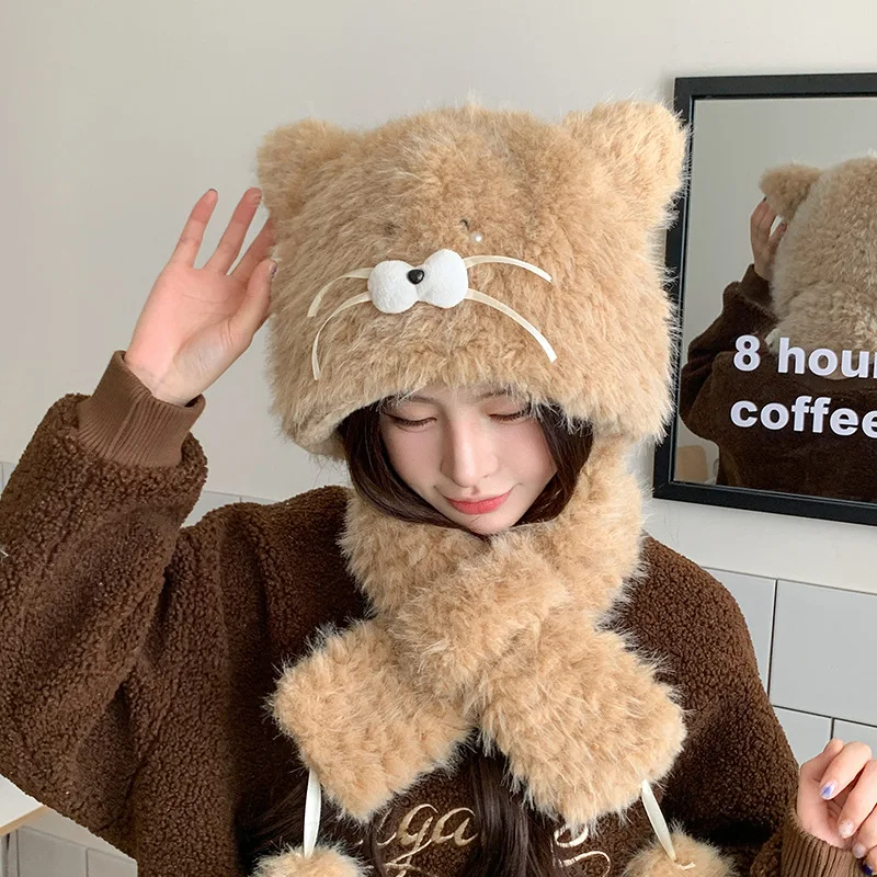 Invierno nuevo al aire libre más jersey grueso sombrero de dibujos animados lindo pequeño gato sombrero de felpa bufanda cálida un sombrero de alto valor para mujeres