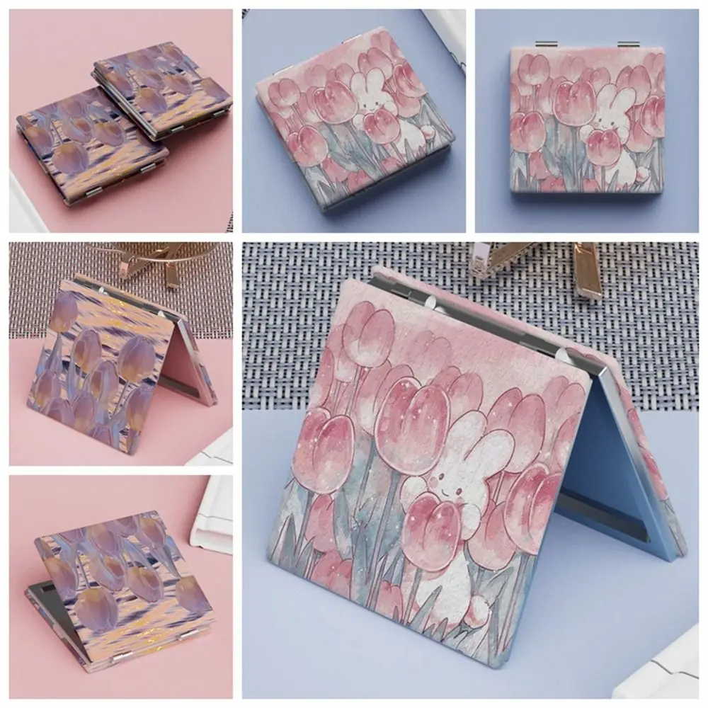 Tulip Square Makeup Mirror Oil Painting Double-Sided Cosmetic Mirror Compact Magnifying Folding Mirror Girls Ladies