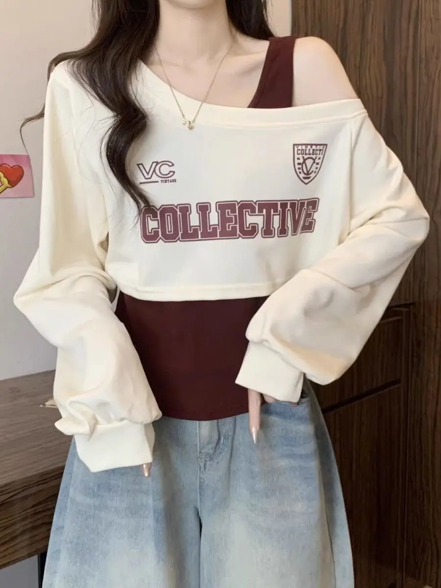 

American Retro Shoulder Slant Short Sleeve Long Hoodie Women's Autumn Fashion Small Hot Girl Shoulder Exposure Strap Unique Top